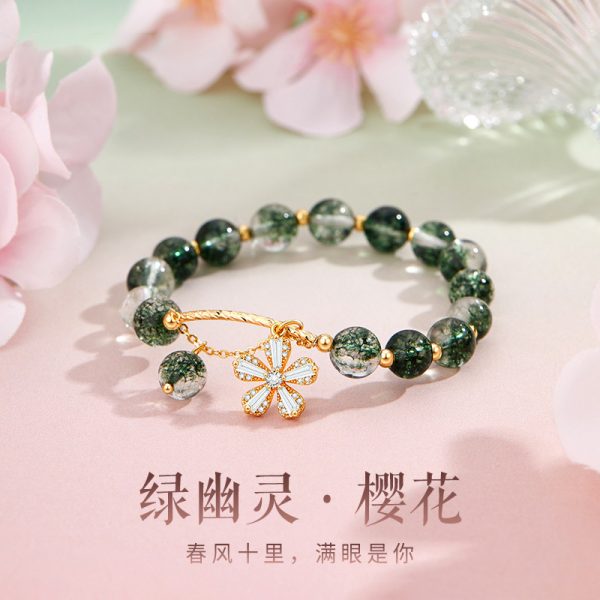 Green Phantom Crystal Bracelet with Cherry Blossom Beads