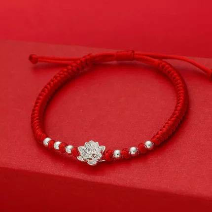Sterling Silver Lotus Feng Shui Bead Red String Bracelet - Harmony & Prosperity Amulet
